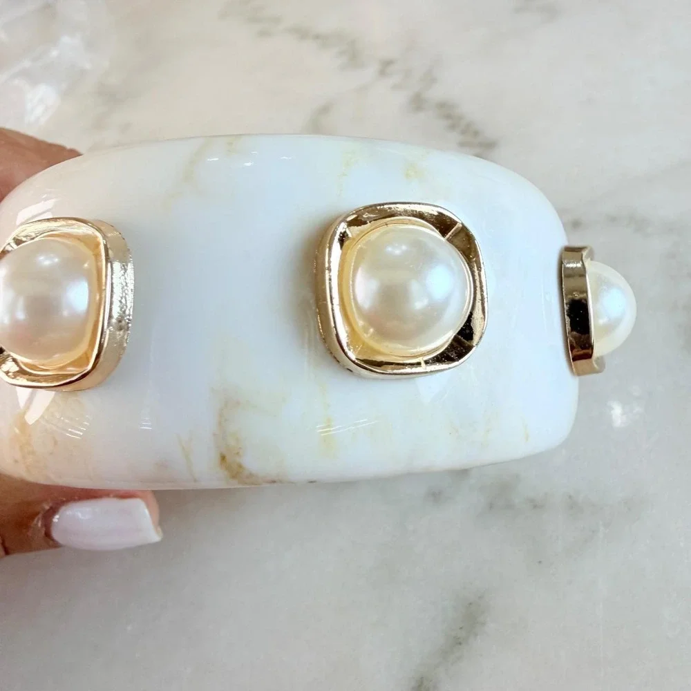 White Lucite Marble Acrylic Chunky Bangle Faux Pearl Gold Stud Cuff Statement